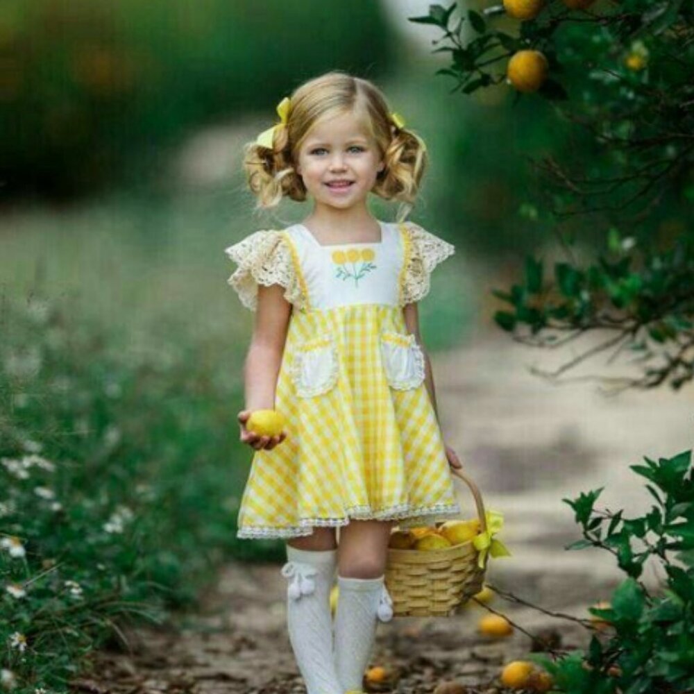 NWT Girls Dollcake You Are My Sunshine Yellow Gingham Embroidered Lace Dress 6